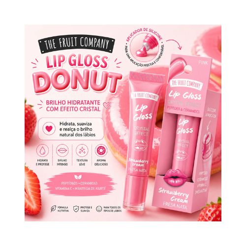The Fruit Company Lip Gloss Crystal Effect Morango & Nata 12g, com cor rosa